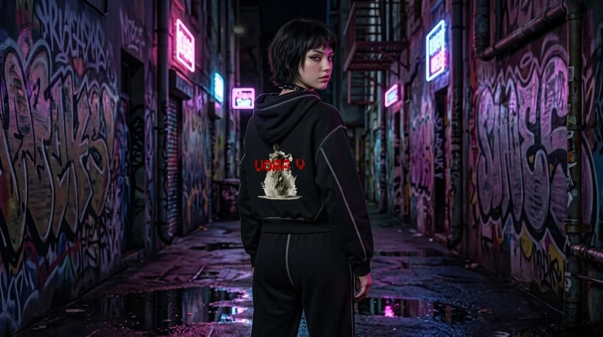 Person wearing a hoodie with a brand logo in a graffiti-covered alleyway