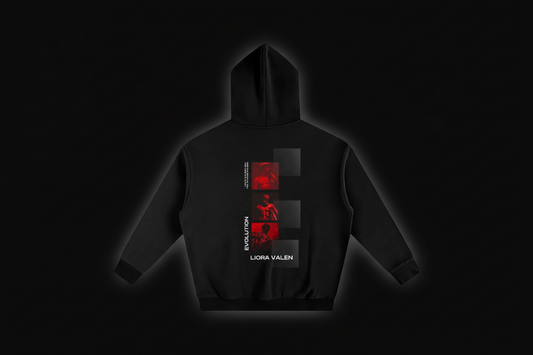 Black hoodie with red and white graphics on the back against a white background