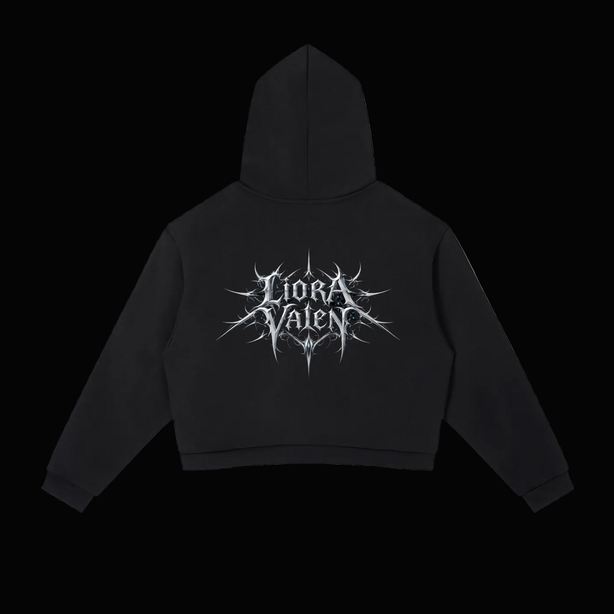 Black hoodie with 'Liora Talent' logo on the back against a white background
