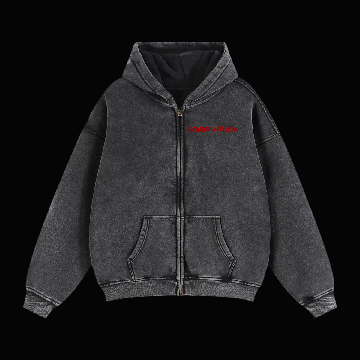 Black hoodie with a red logo on a white background