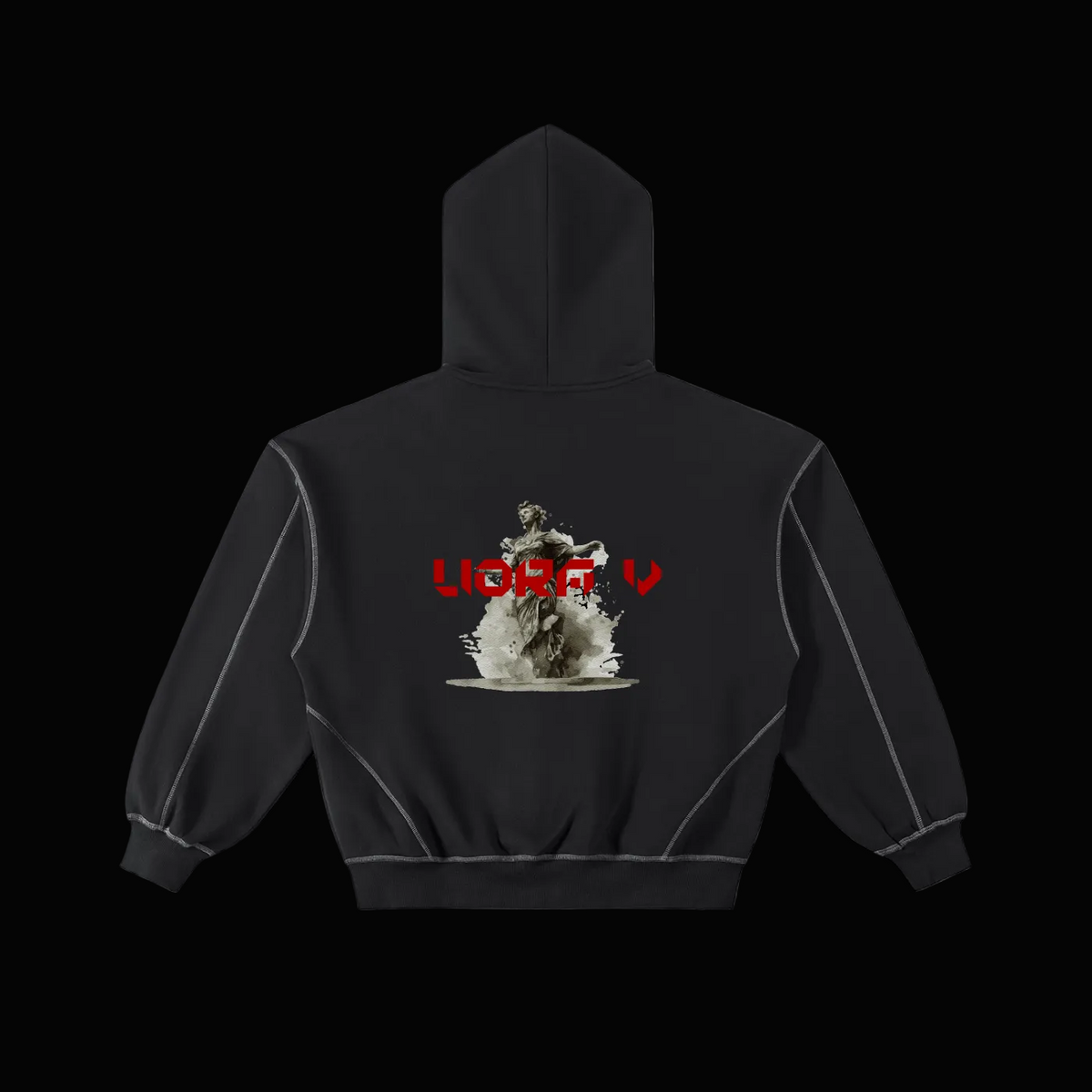 Black hoodie with graphic design on the back against a white background