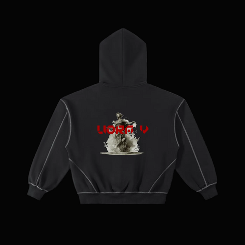 Black hoodie with graphic design on the back against a white background