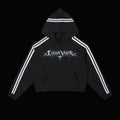 Black hoodie with white stripes and a logo on a white background
