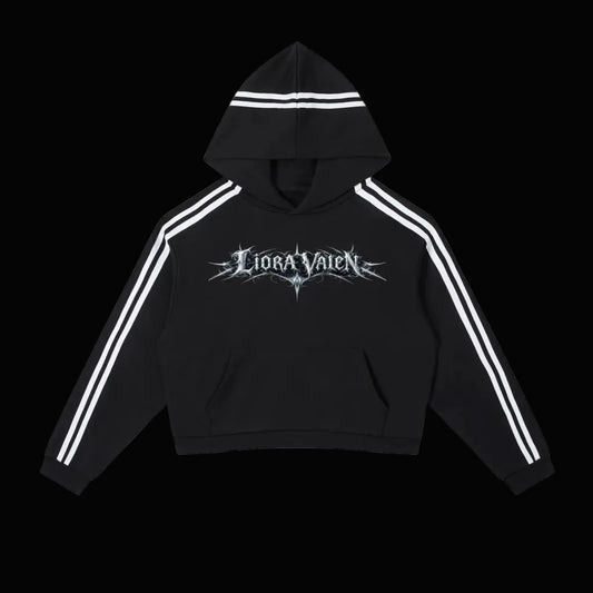 Black hoodie with white stripes and a logo on a white background