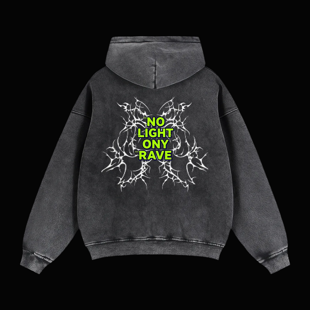 Black hoodie with 'No Light Ony Rave' text on the back against a white background