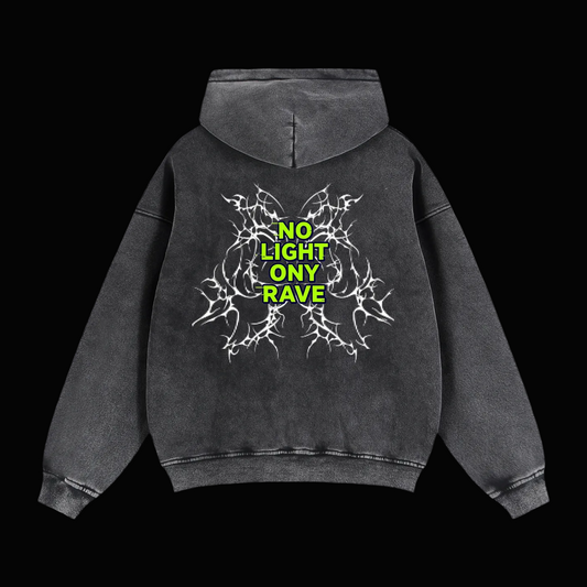 Black hoodie with 'No Light Ony Rave' text on the back against a white background