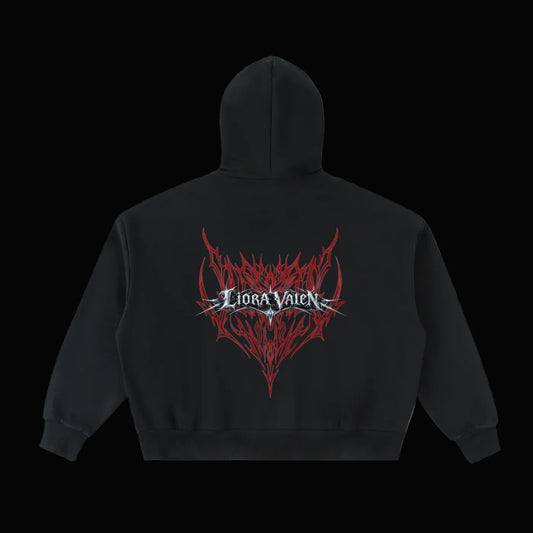Black hoodie with red and white graphic design on the back against a white background