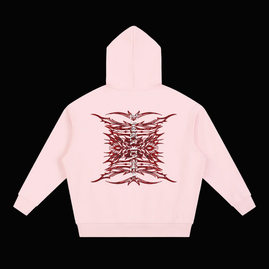 Pink hoodie with a red graphic design on the back against a white background