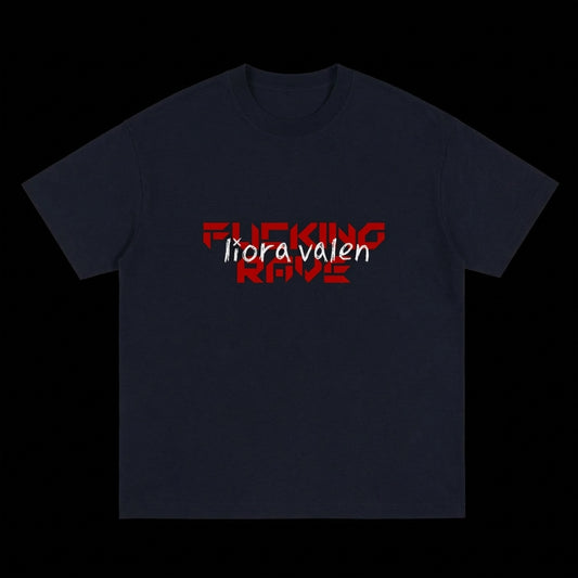 Black t-shirt with red and white text on a black background