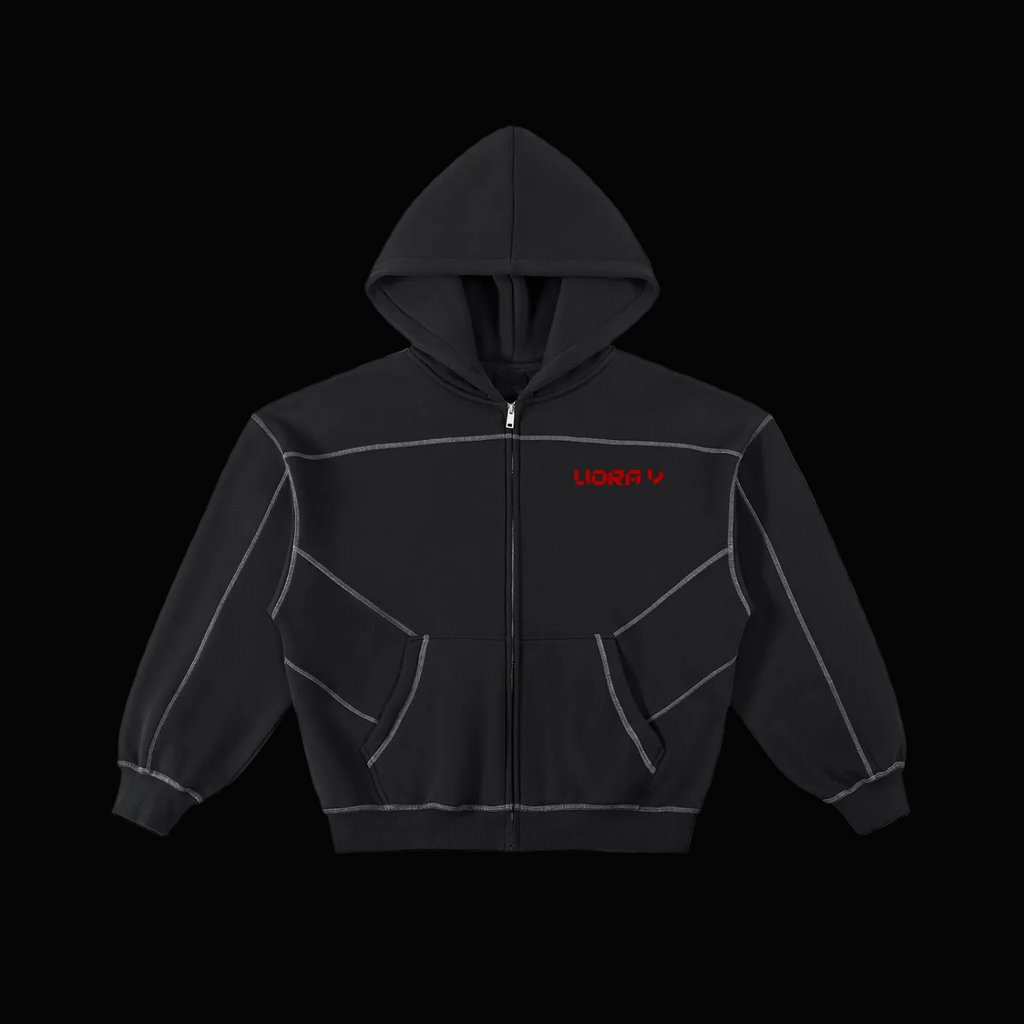 Black hoodie with a red logo on a white background