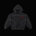 Black hoodie with a red logo on a white background