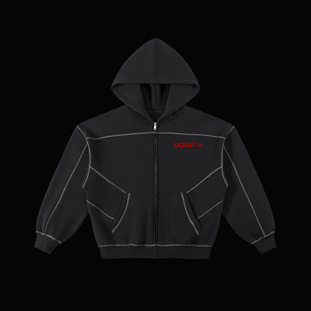 Black hoodie with a red logo on a white background