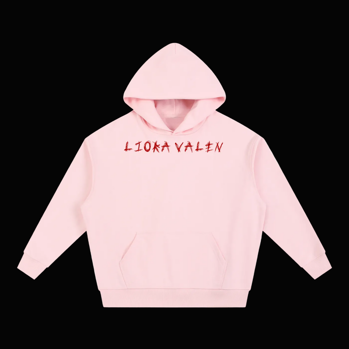 Pink hoodie with 'LIOKA VALEN' text on a white background